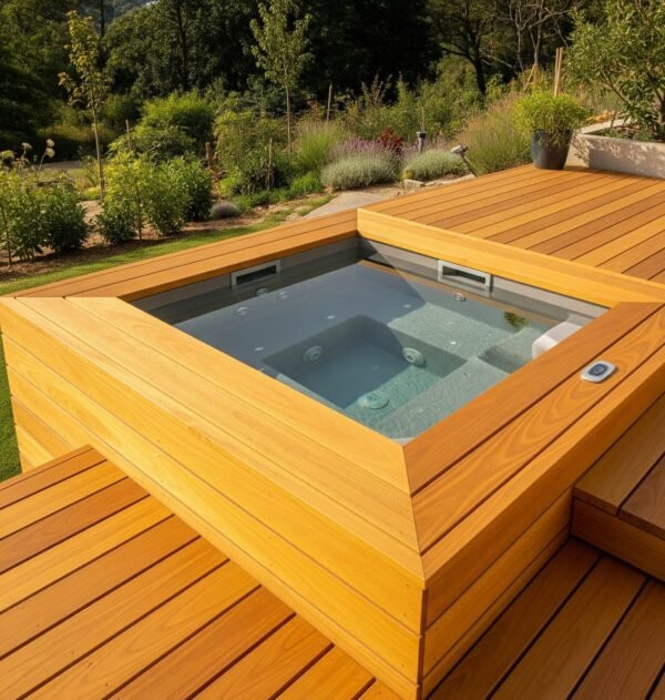 Deck Madeira Grapia: Com iluminação integrada é uma excelente escolha para criar um ambiente luxuoso e convidativo em sua área externa